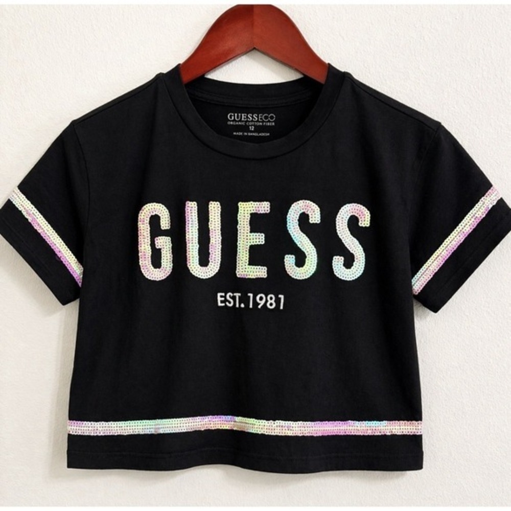 Guess Girls Crop Tee Size 12 Black Sequin Logo Y2K Organic‎ Cotton